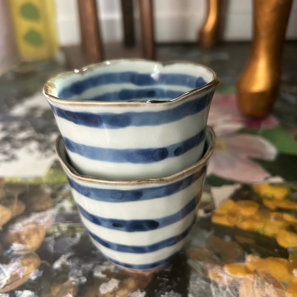 Vintage Japanese Yunomi Tea Cups Pair Stoneware Striped 3" Handmade Pottery - Picture 4 of 16